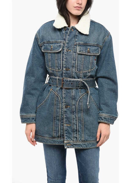 Paltoane Diesel Library Denim De-Flaminia-T Coat With Belt And Faux Fur Lini Blue Femei (BM 19164194) 1