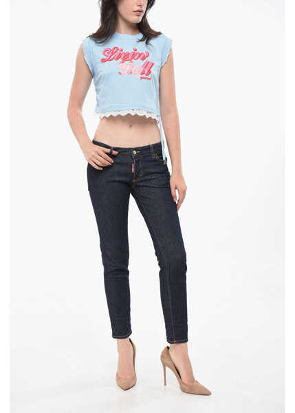 Blugi drepti DSQUARED2 B-Icon Cropped Jeans Jennifer With 15Cm Waistband Seams Blue Femei (BM 19164197) 4