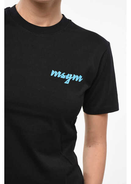 Tricouri MSGM Cotton Crew-Neck T-Shirt With Side Print Logo Black Femei (BM 19164395) 3