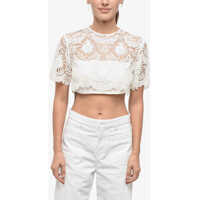 Bluze Short-Sleeved Macramè Cotton Blend Crop Top Femei