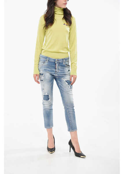 Blugi drepti DSQUARED2 Cropped Distressed Cool Girl Jeans 15Cm Blue Femei (BM 19164449) 4