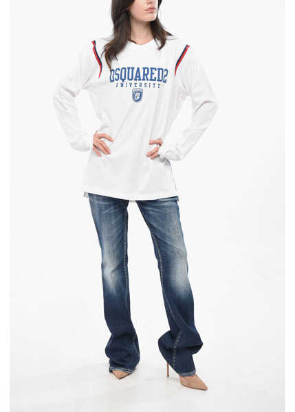 Tricouri DSQUARED2 Long Sleeve Oversized Varsity Fit Crew-Neck T-Shirt White Femei (BM 19165283) 4