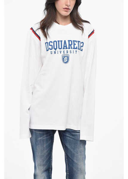 Tricouri DSQUARED2 Long Sleeve Oversized Varsity Fit Crew-Neck T-Shirt White Femei (BM 19165283) 1