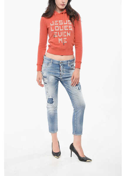 Hanorace DSQUARED2 Embossed Embroidered Slim Fit Hood Orange Femei (BM 19165370) 4