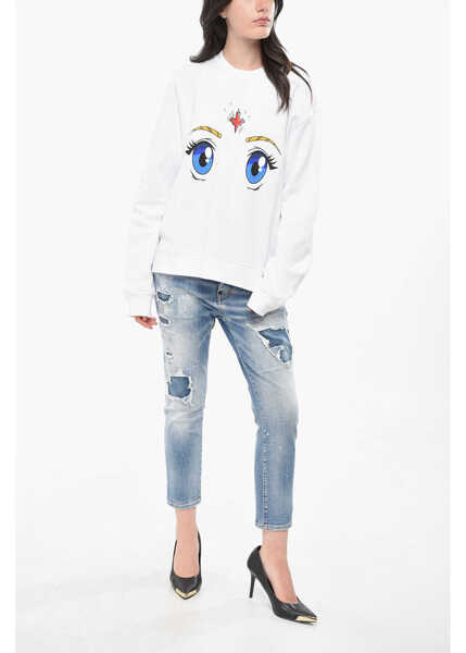 Bluze de trening DSQUARED2 Fleeced Cotton Cool Fit Crew-Neck Sweatshirt With Print White Femei (BM 19165373) 4