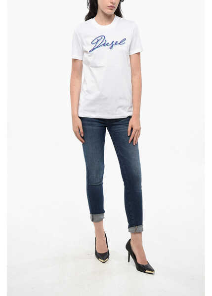 Tricouri Diesel Crew Neck Sily Cotton T-Shirt With Embroidered Logo White Femei (BM 19165460) 4