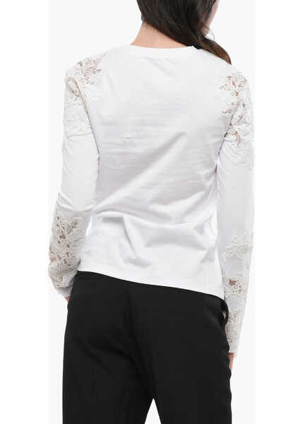Tricouri Ermanno Scervino Long-Sleeved Cotton T-Shirt With Lace Patches White Femei (BM 19165466) 2