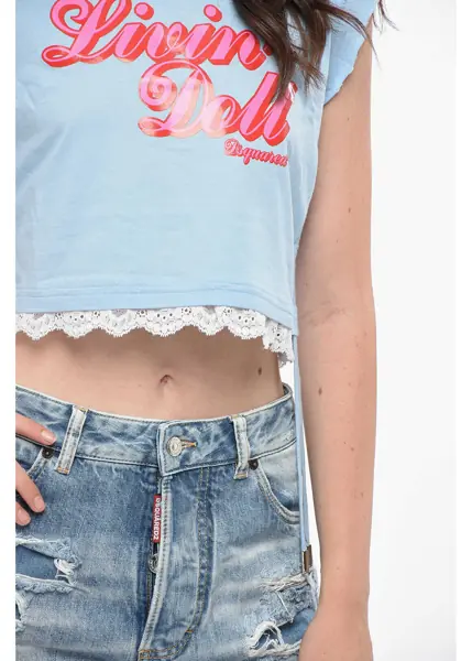 Tricouri DSQUARED2 Cropped Mini Fit Crew-Neck T-Shirt With Lace Macrame Hem Light Blue Femei (BM 19165565) 3