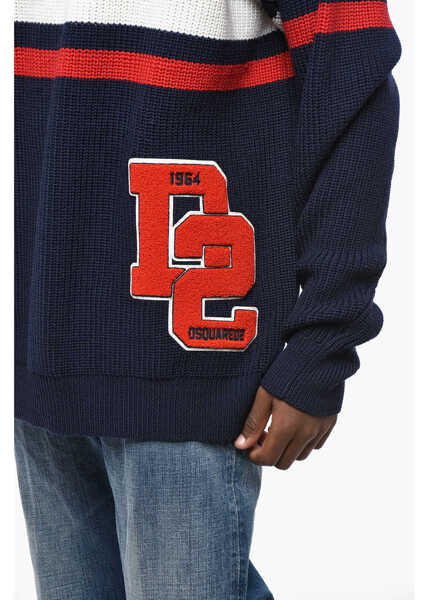 Pulovere DSQUARED2 Wool Crew-Neck Sweater With Logoed Patch Blue Barbati (BM 19207793) 3