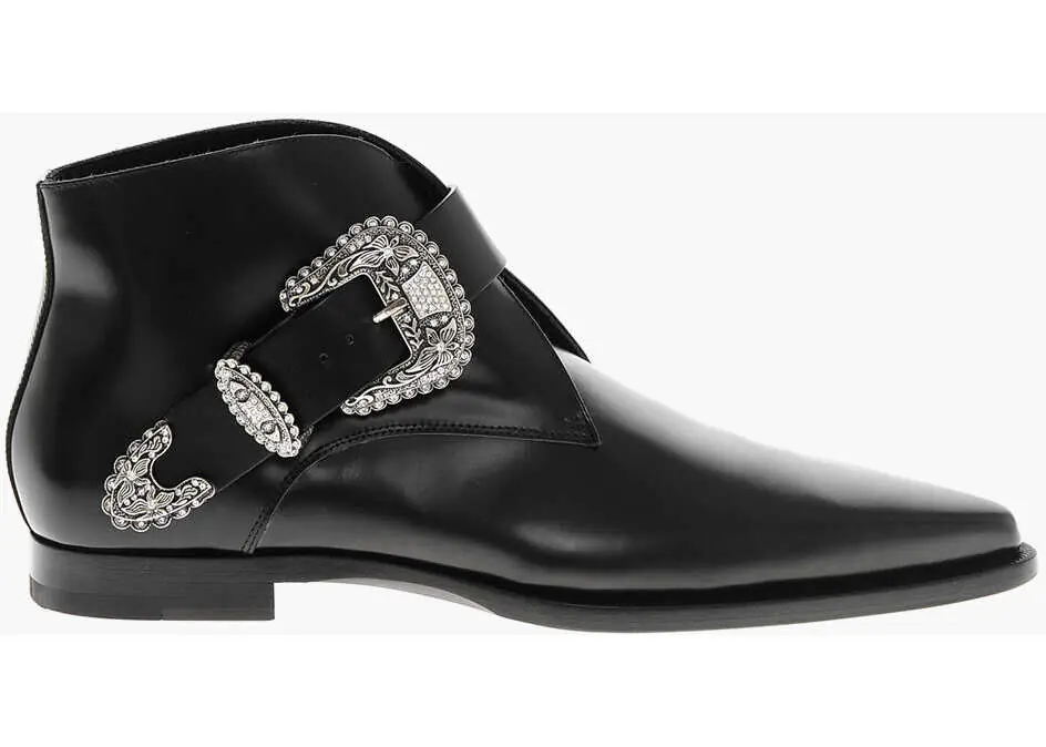 Ghete DSQUARED2 Leather Gothic Point Toe Booties With Buckle Black Barbati (BM 19207814) 3