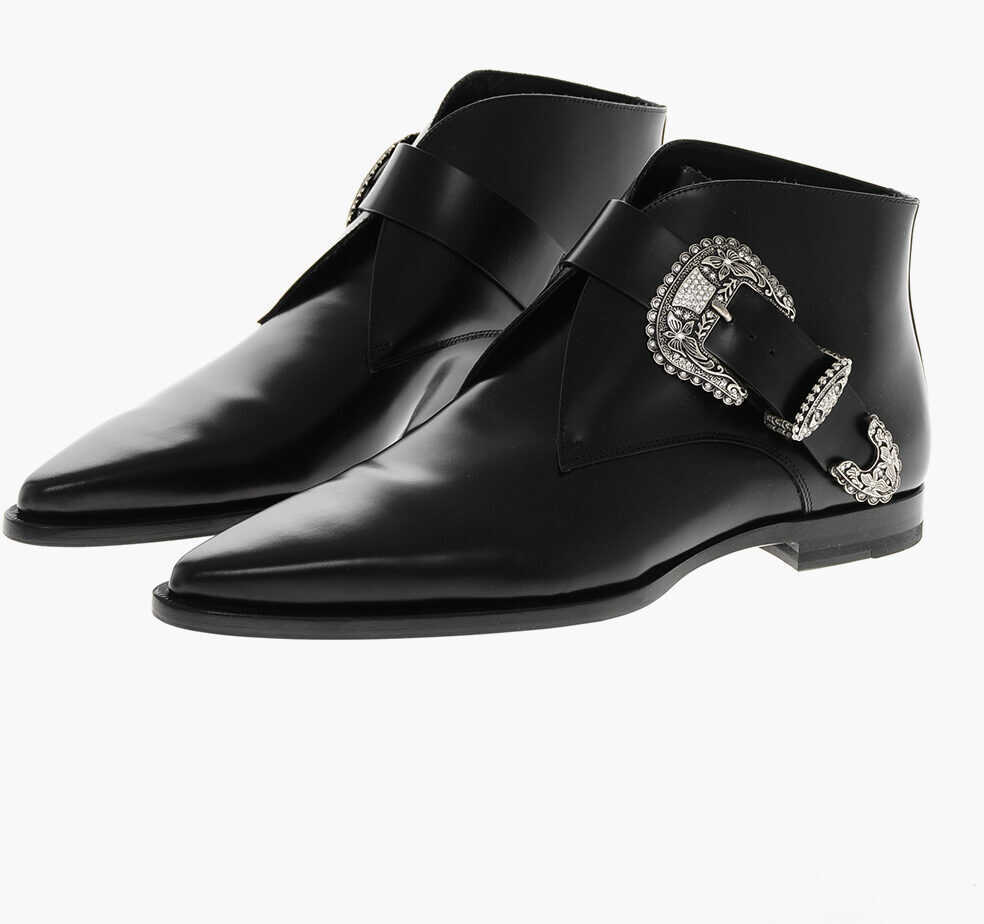 Ghete DSQUARED2 Leather Gothic Point Toe Booties With Buckle Black Barbati (BM 19207814) 1