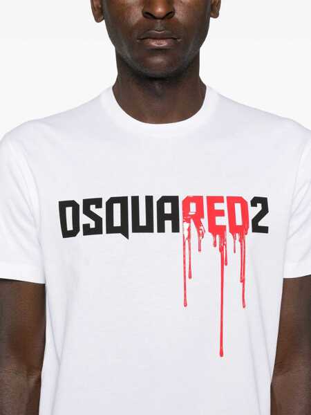 Tricouri DSQUARED2 Crew Neck Bloody Red T-Shirt With Embossed Print White Barbati (BM 19207874) 5