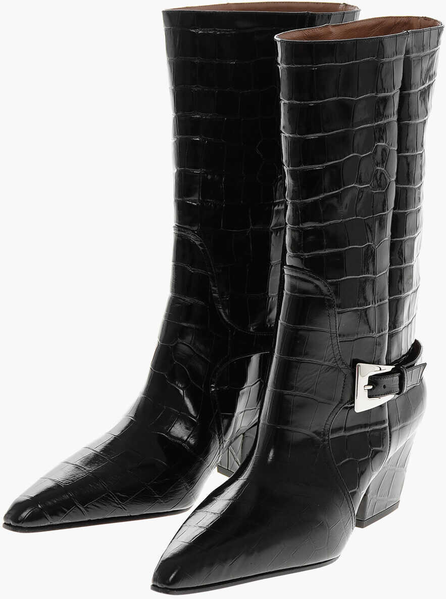 Botine Paris Texas Crocodile Effect Leather Jane Western Boots With Silver-Tone Black Femei (BM 19207958) 1