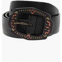 Curele Textured Leather Belt With Enamelled Leather Buckle 35Mm Barbati
