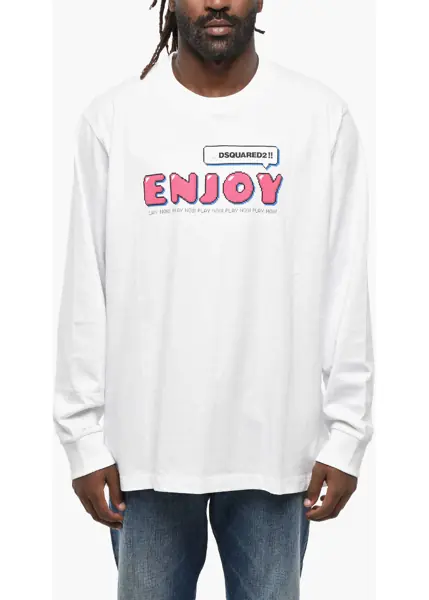 Tricouri DSQUARED2 Long Sleeved Skater Fit Tee Crew-Neck T-Shirt With Contrasti White Barbati (BM 19211888) 1