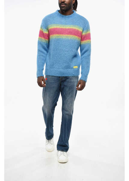 Pulovere DSQUARED2 Fuzzy Mixed Mohair Sweater With Striped Detail Blue Barbati (BM 19211996) 4