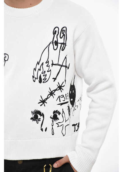 Pulovere 1989 STUDIO Cotton Blend Cropped Fit Crew-Neck Sweater With Embroideries White Barbati (BM 19234919) 3