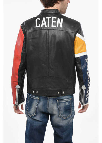 Geci de piele DSQUARED2 Caten Leather Motobiker Jacket With Textured Leather Detail Multicolor Barbati (BM 19234946) 2