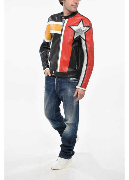 Geci de piele DSQUARED2 Caten Leather Motobiker Jacket With Textured Leather Detail Multicolor Barbati (BM 19234946) 4