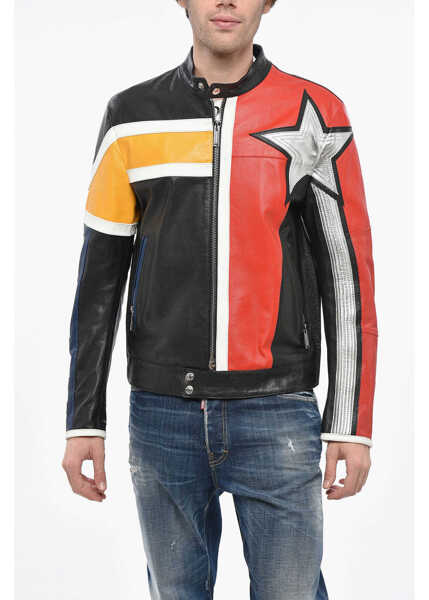 Geci de piele DSQUARED2 Caten Leather Motobiker Jacket With Textured Leather Detail Multicolor Barbati (BM 19234946) 1
