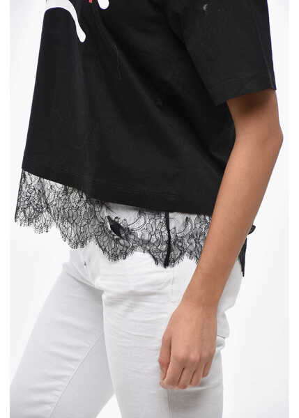 Tricouri DSQUARED2 Printed Easy Fit Cotton Crew-Neck T-Shirt With Lace Hem Black Femei (BM 19234949) 2