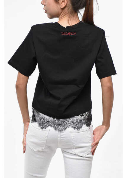 Tricouri DSQUARED2 Printed Easy Fit Cotton Crew-Neck T-Shirt With Lace Hem Black Femei (BM 19234949) 3