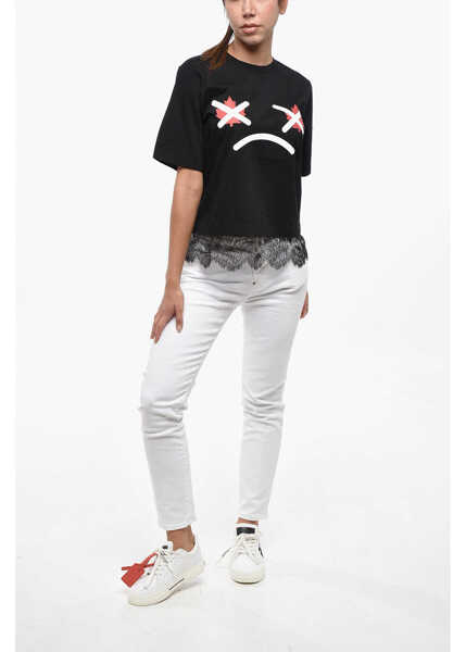 Tricouri DSQUARED2 Printed Easy Fit Cotton Crew-Neck T-Shirt With Lace Hem Black Femei (BM 19234949) 4