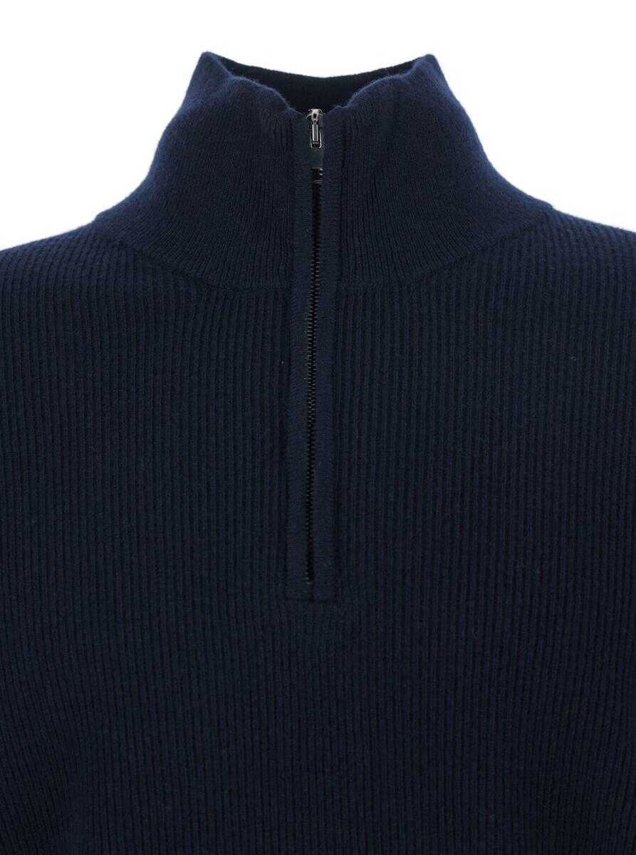 Pulovere Roberto Collina Blue Ribbed Knit Sweater With High Neck And Half Zip Closure In Wool Man BLUE Barbati (BM 19240056) 3