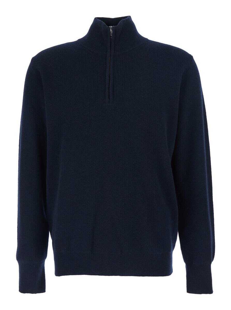 Pulovere Roberto Collina Blue Ribbed Knit Sweater With High Neck And Half Zip Closure In Wool Man BLUE Barbati (BM 19240056) 1