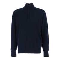 Pulovere Blue Ribbed Knit Sweater With High Neck And Half Zip Closure In Wool Man Barbati