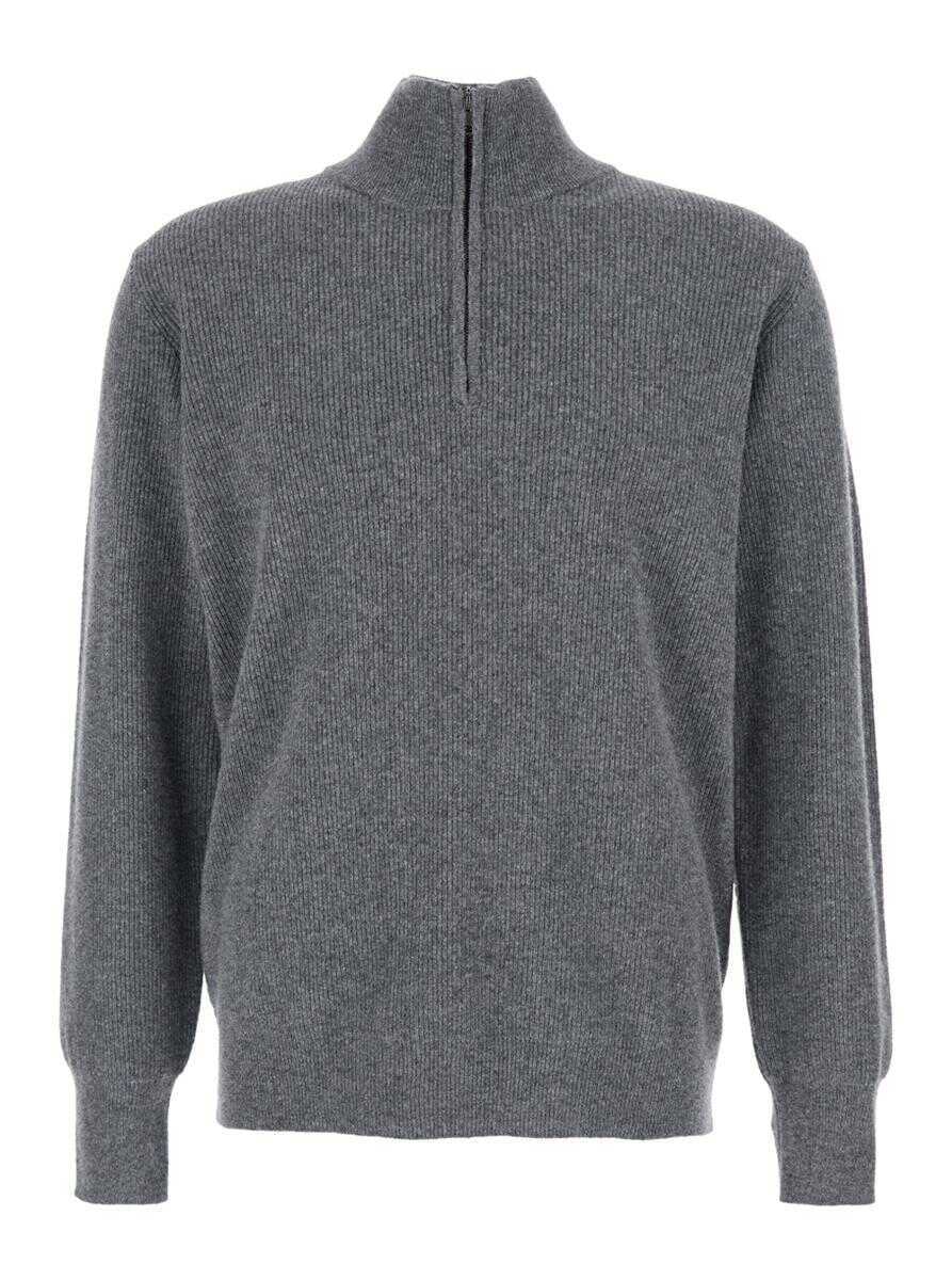 Pulovere Roberto Collina Grey Ribbed Knit Sweater With High Neck And Half Zip Closure In Wool Man GREY Barbati (BM 19240068) 1