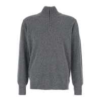 Pulovere Grey Ribbed Knit Sweater With High Neck And Half Zip Closure In Wool Man Barbati