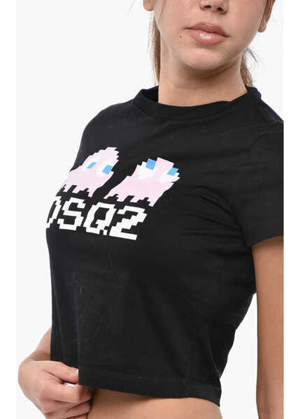 Tricouri DSQUARED2 Pac-Man Cropped Mini Fit Crew-Neck T-Shirt With Monogram Black Femei (BM 19246340) 2