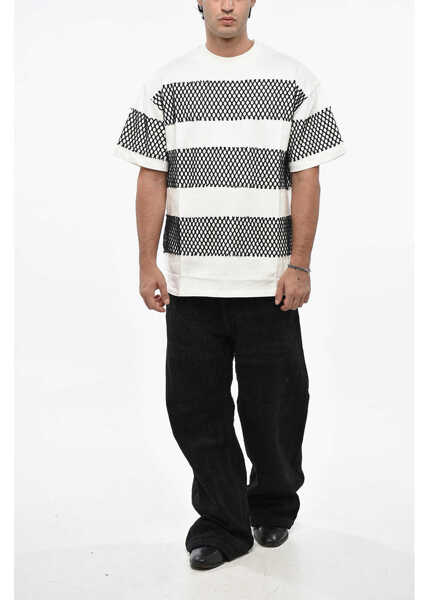 Tricouri MSGM Crew-Neck Cotton Jersey T-Shirt With Mesh Details Black & White Barbati (BM 19246367) 4