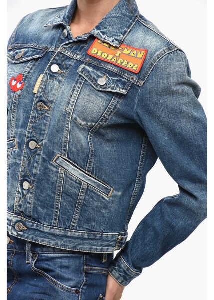 Geci de blugi DSQUARED2 Pac-Man Denim Boyfriend Jean Jacket With Patches Blue Femei (BM 19246403) 2