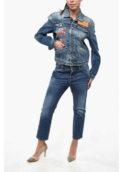 Geci de blugi DSQUARED2 Pac-Man Denim Boyfriend Jean Jacket With Patches Blue Femei (BM 19246403) 4