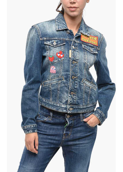 Geci de blugi DSQUARED2 Pac-Man Denim Boyfriend Jean Jacket With Patches Blue Femei (BM 19246403) 1