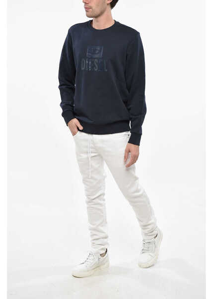 Bluze de trening Diesel Crew Neck Brushed Cotton Sweatshirt With Ton Sur Ton Logo Blue Barbati (BM 19247060) 4