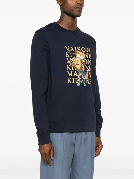 Bluze de trening MAISON KITSUN Printed Brushed Cotton Crew-Neck Sweatshirt Blue Barbati (BM 19247141) 3