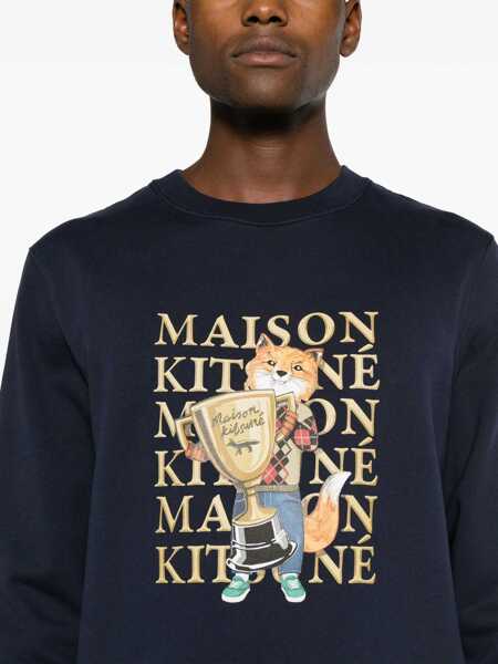 Bluze de trening MAISON KITSUN Printed Brushed Cotton Crew-Neck Sweatshirt Blue Barbati (BM 19247141) 5