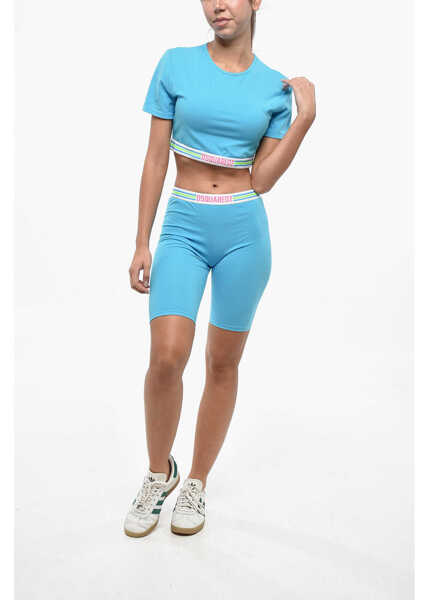 Tricouri DSQUARED2 Cropped Crew-Neck T-Shirt With Logo Blue Femei (BM 19247303) 4