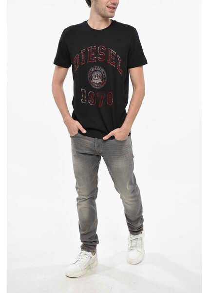 Tricouri Diesel Solid Color T-Diegor-D1 Crew-Neck T-Shirt With Flocked Print Black Barbati (BM 19247441) 4