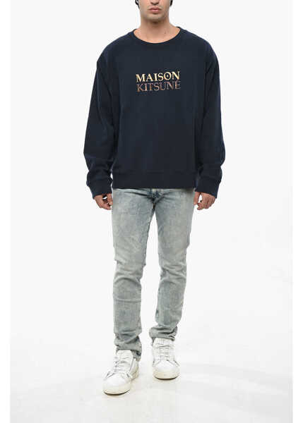 Bluze de trening MAISON KITSUN Brushed Cotton Crew-Neck Sweatshirt With Embroidered Logo Blue Barbati (BM 19247792) 4