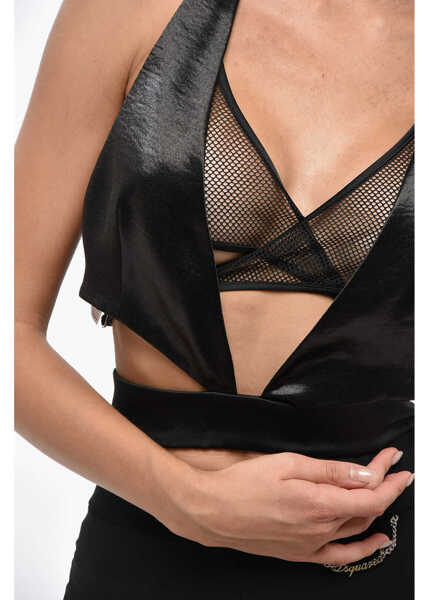 Bluze DSQUARED2 Satin Halterneck Crop Top With Mesh Detail Black Femei (BM 19247813) 3
