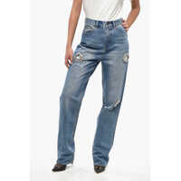 Blugi drepti High Waist Distressed Jeans With Jewels 20Cm Femei