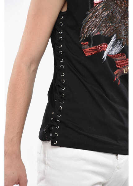 Maiouri DSQUARED2 Printed Mini Fit Lace-Up Tank Top Embellished With Sequins A Black Barbati (BM 19248095) 4