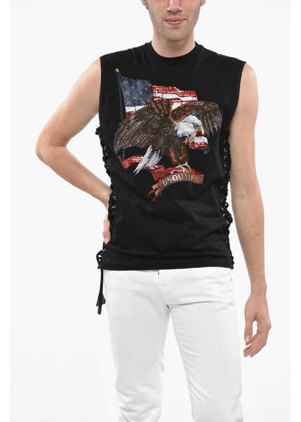 Maiouri DSQUARED2 Printed Mini Fit Lace-Up Tank Top Embellished With Sequins A Black Barbati (BM 19248095) 1