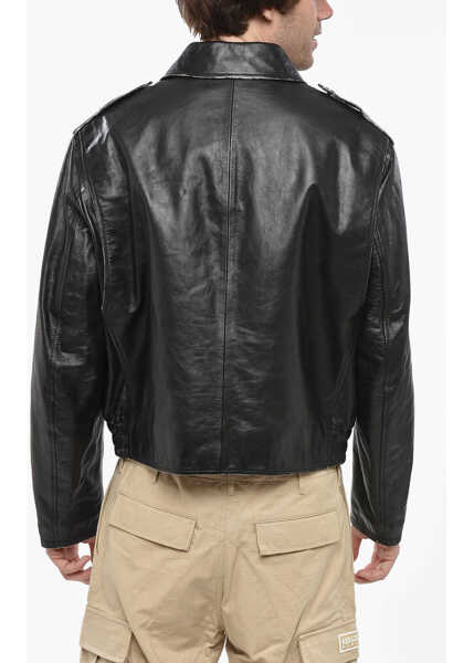 Geci de piele DSQUARED2 Leather Aviator Leather Jacket With Snap Buttons And Patch P Black Barbati (BM 19248320) 2