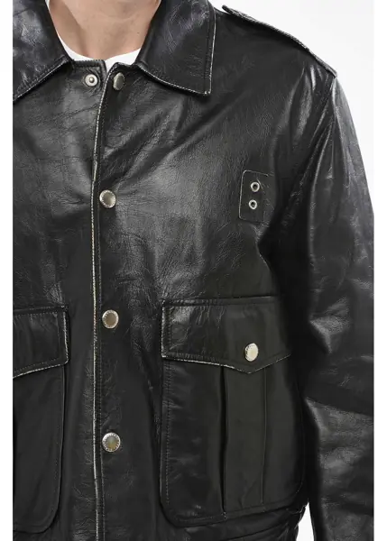 Geci de piele DSQUARED2 Leather Aviator Leather Jacket With Snap Buttons And Patch P Black Barbati (BM 19248320) 3
