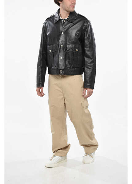 Geci de piele DSQUARED2 Leather Aviator Leather Jacket With Snap Buttons And Patch P Black Barbati (BM 19248320) 4